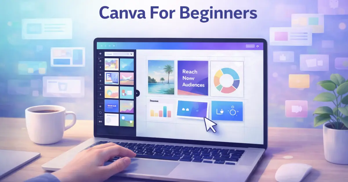 Canva design interface showing a beginner creating simple graphics using drag-and-drop elements, templates, and visual hierarchy tools.