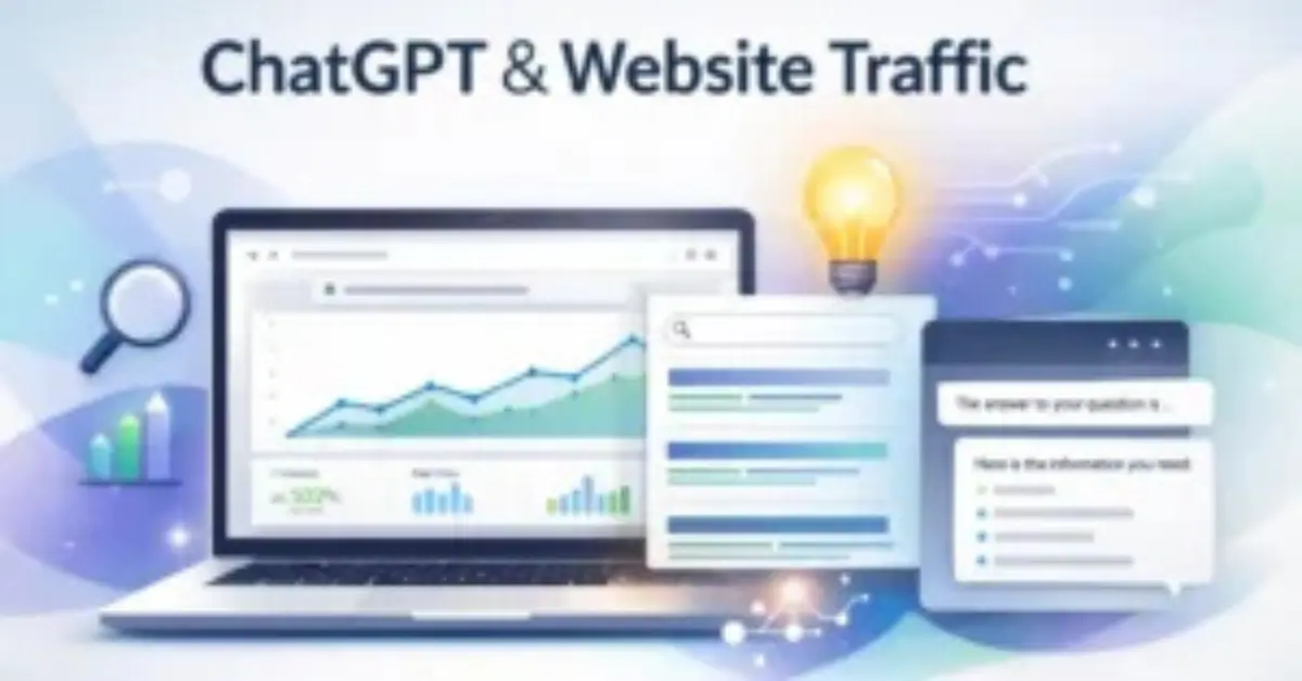 ChatGPT and AI search impact website traffic: Laptop showing analytics with rising graphs, search results, AI chat interface providing instant answers, lightbulb icon, and abstract AI elements in blue, purple, and green tones for digital marketing insights