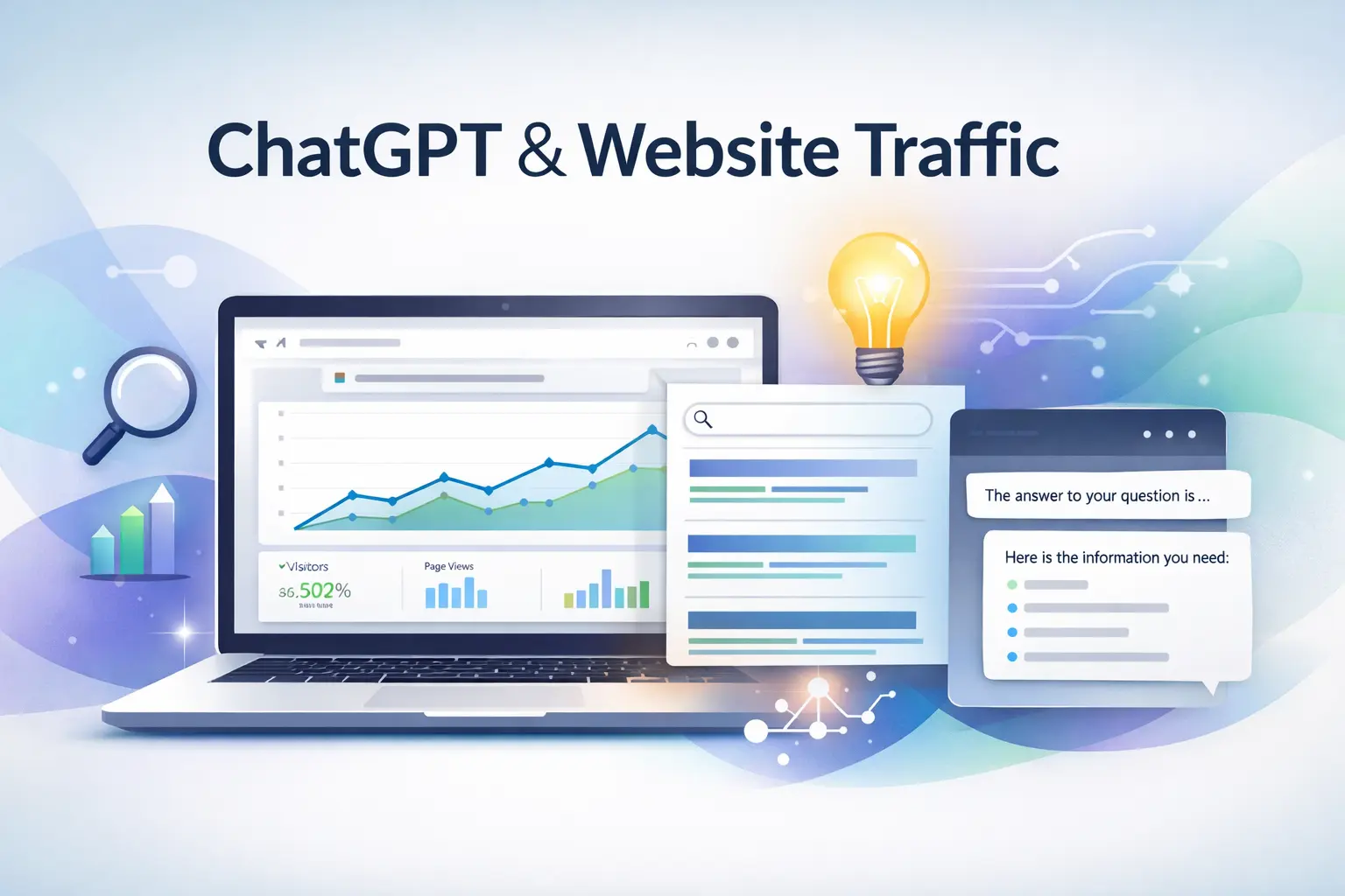 ChatGPT and AI search impact website traffic: Laptop showing analytics with rising graphs, search results, AI chat interface providing instant answers, lightbulb icon, and abstract AI elements in blue, purple, and green tones for digital marketing insights