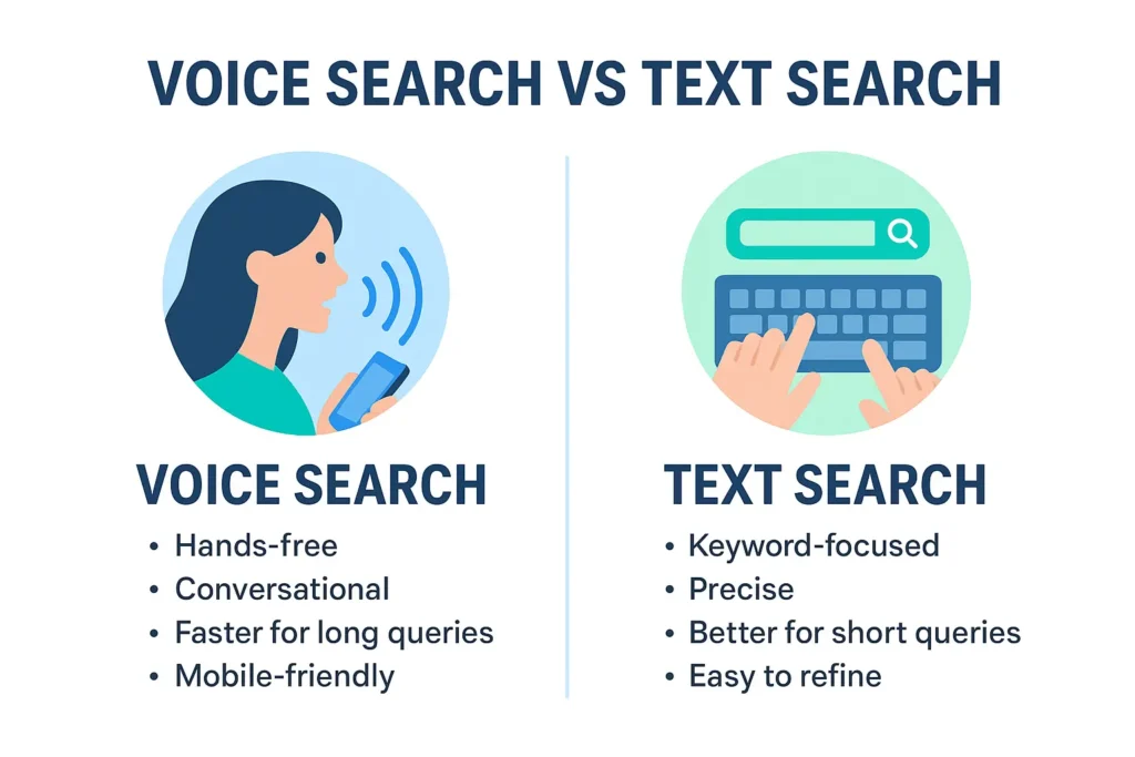 Infographic comparing text search vs voice search benefits.