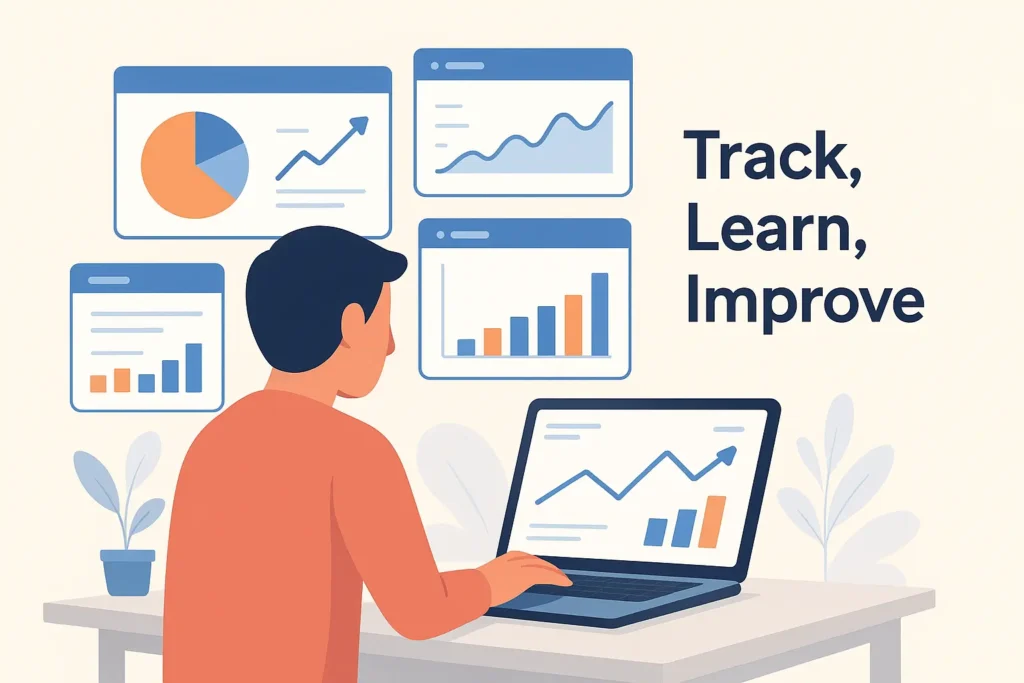 Blogger reviewing website analytics and feedback reports on a laptop, representing the value of data tracking and performance analysis.