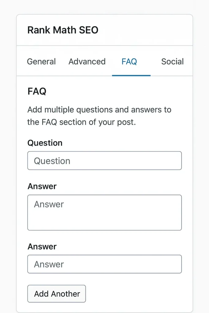 Screenshot of entering FAQ questions and answers for a FAQ Schema tutorial using Rank Math SEO plugin.