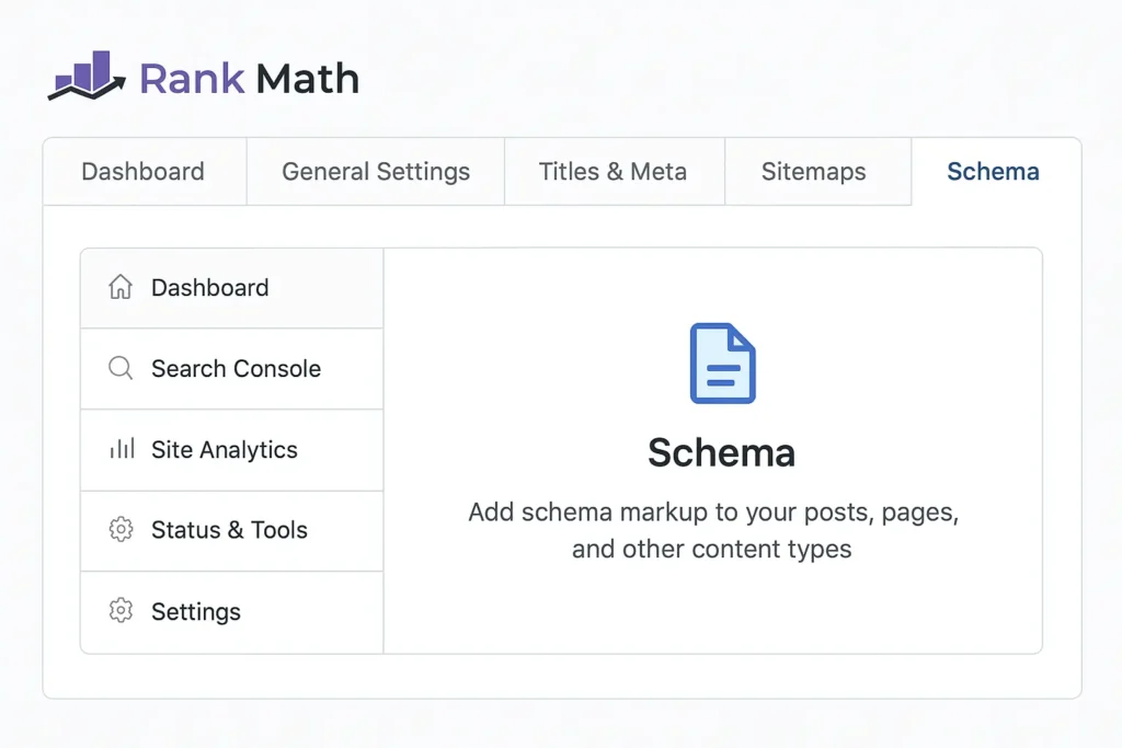 Screenshot of Rank Math Schema module page for a FAQ Schema tutorial using Rank Math SEO plugin