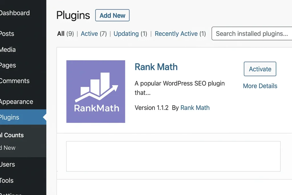 Screenshot of Rank Math plugin page in WordPress dashboard for a FAQ Schema tutorial using Rank Math SEO plugin