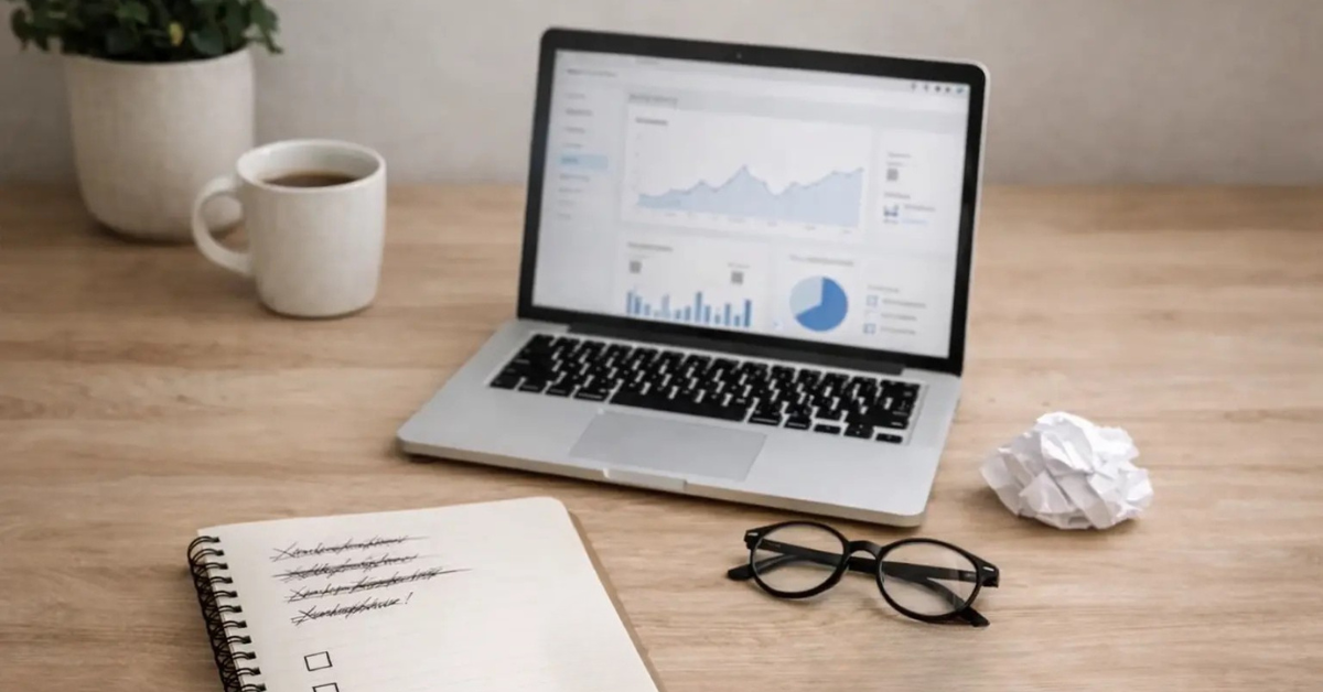 Clean desk setup with laptop analytics, crossed-out blog notes, and checklist symbolizing common blogging mistakes and learning process.