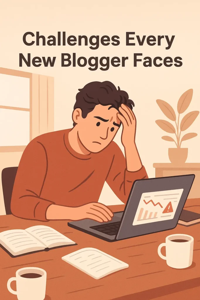 A frustrated new blogger sitting at a cluttered desk with a laptop and coffee mug, symbolizing the blog writing mistakes beginners face after publishing their first blog post.