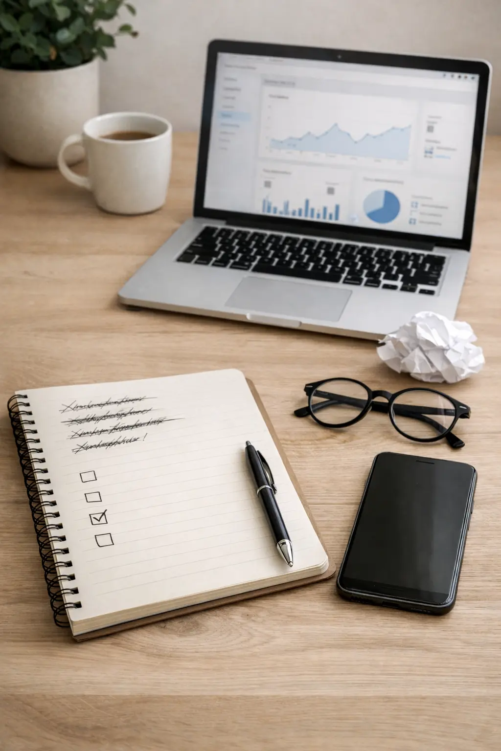 Clean desk setup with laptop analytics, crossed-out blog notes, and checklist symbolizing common blogging mistakes and learning process.