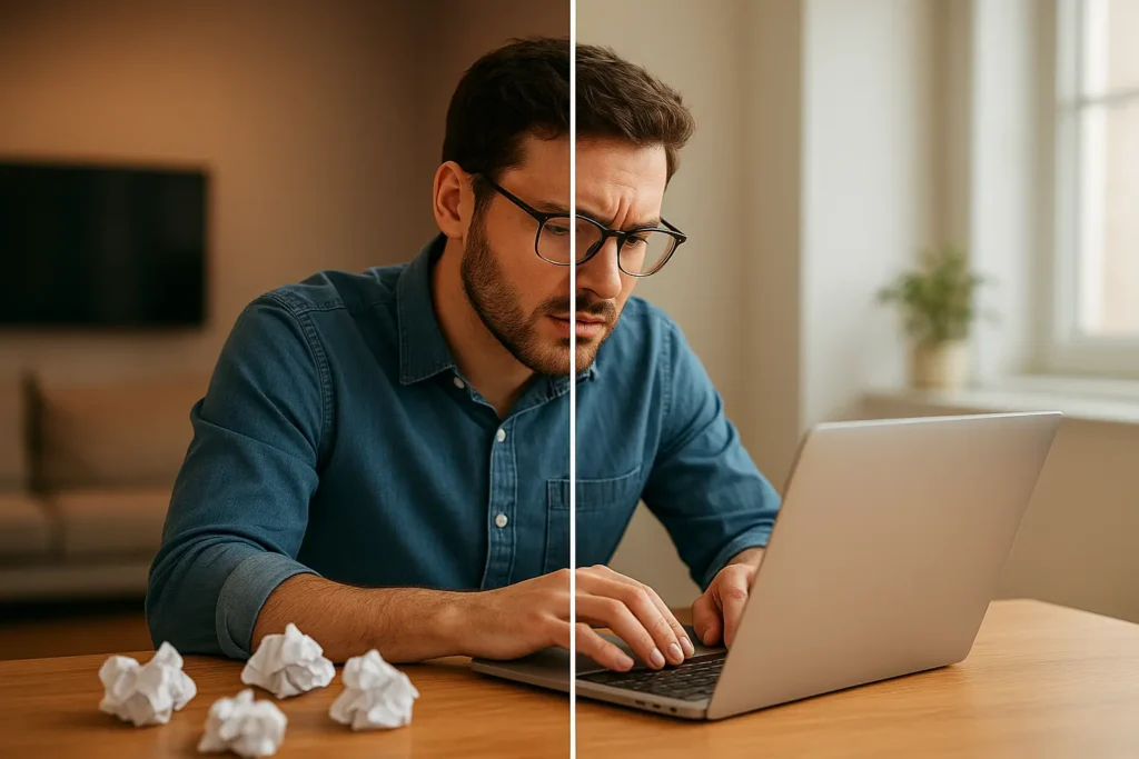 Split image showing one blogger frustrated with poor-quality content and another writing confidently, emphasizing the importance of high-quality blog writing.