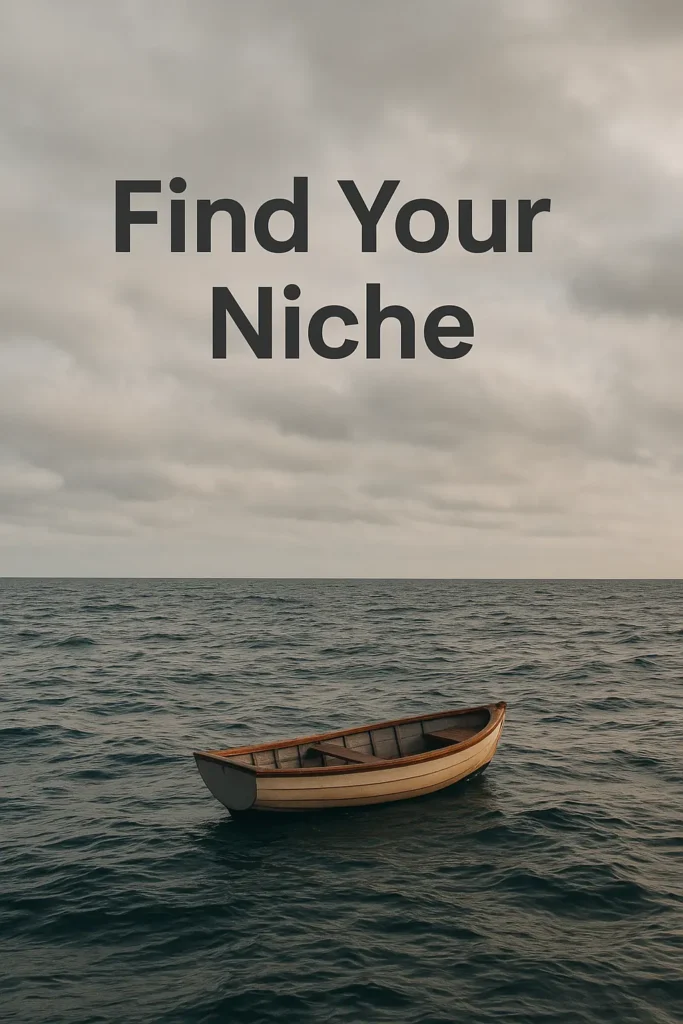 A boat drifting aimlessly in the ocean, illustrating how blogging without a niche can make a blog directionless and less successful.