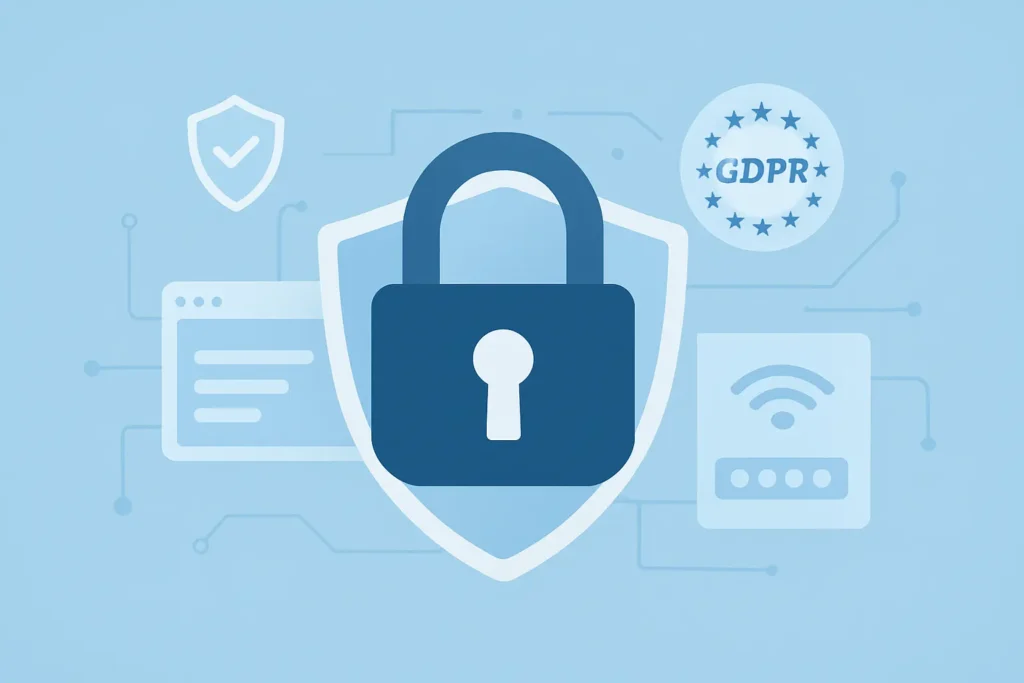 A glowing padlock with a digital background, symbolizing website privacy, security, and data protection for bloggers.