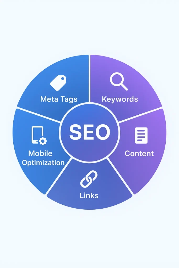 A professional on-page SEO flowchart highlighting meta tags, keywords, content optimization, and mobile-friendly design for better rankings.