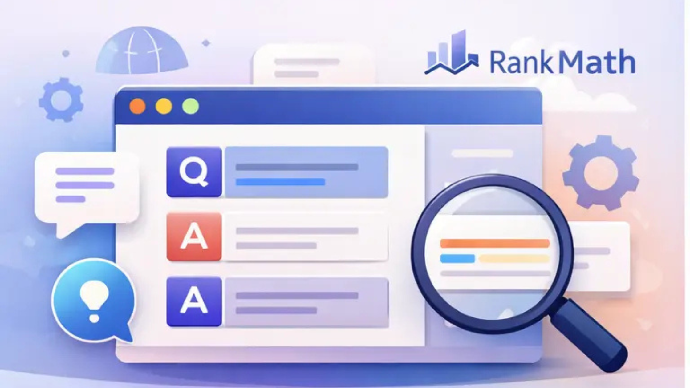 SEO content optimization concept showing Q&A structured content, search visibility analysis, and website growth analytics