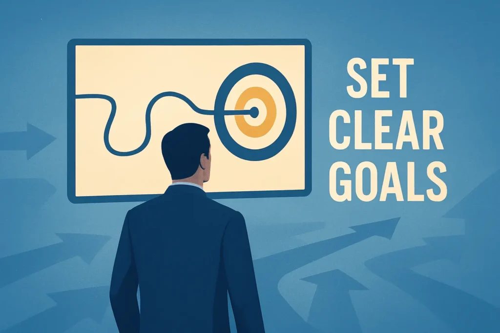 A person standing at a crossroads looking at a roadmap toward a target, representing the importance of setting clear blogging goals for success.
