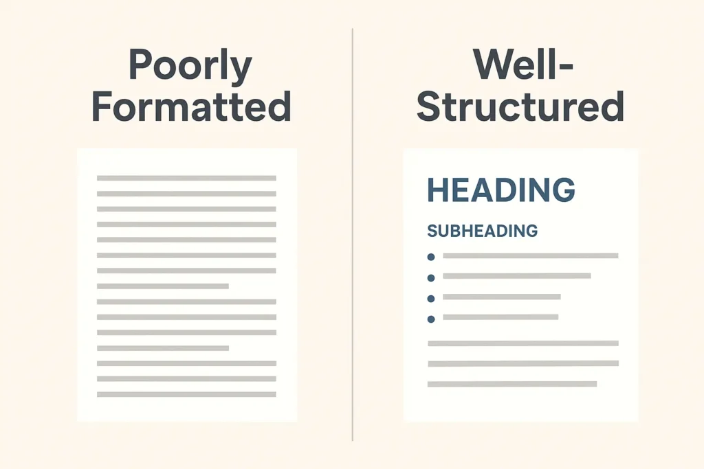 Infographic comparing a cluttered, hard-to-read blog with a well-structured one featuring clean headings, spacing, and bullet points.