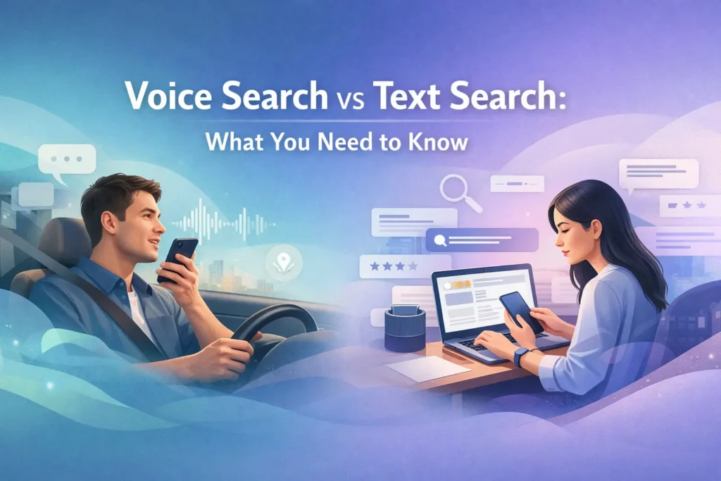 Visual comparison of voice search and text search, highlighting hands-free voice commands versus detailed text-based research on digital devices.