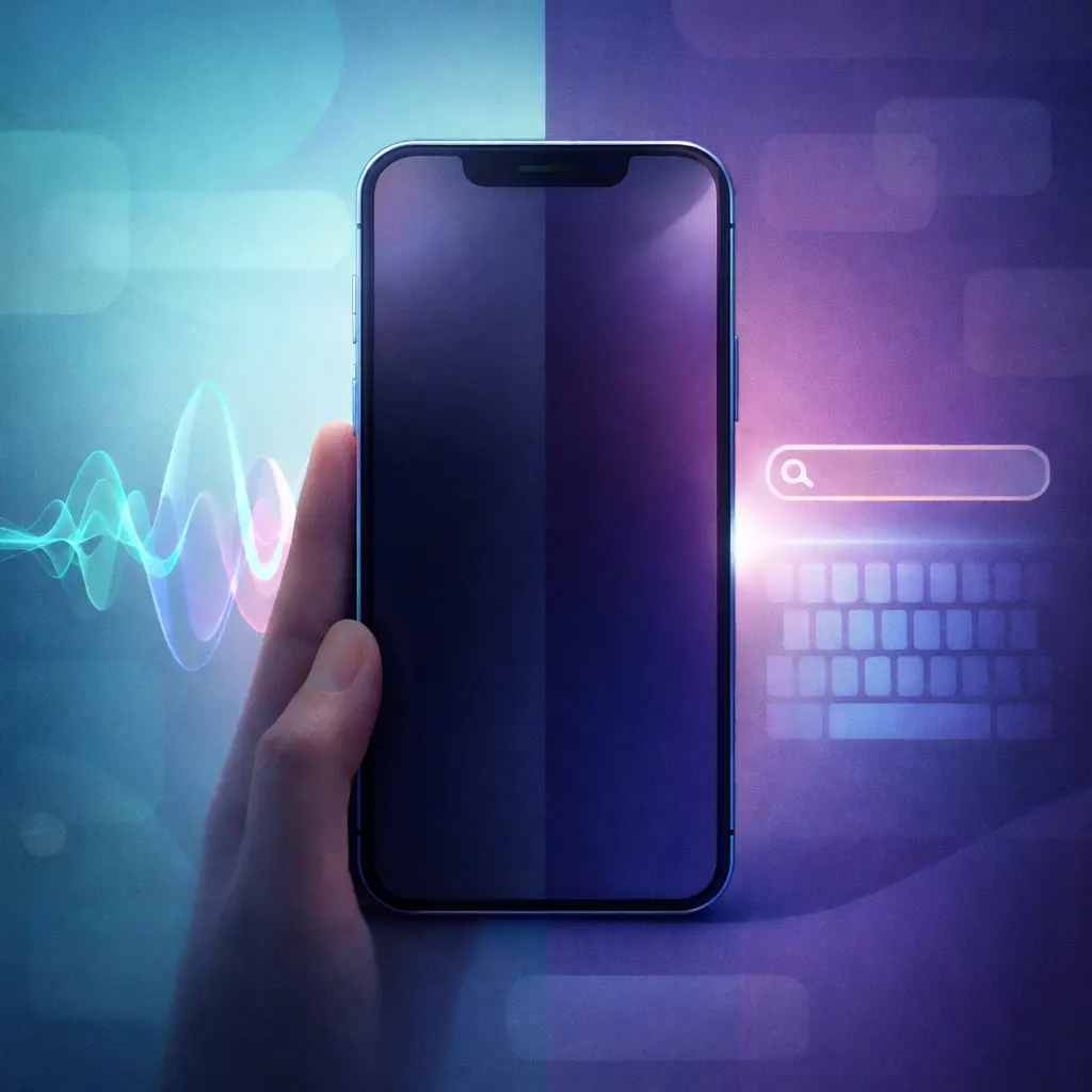 Modern smartphone interface comparing voice search and text search with sound waves and search input, highlighting differences in user search behavior.