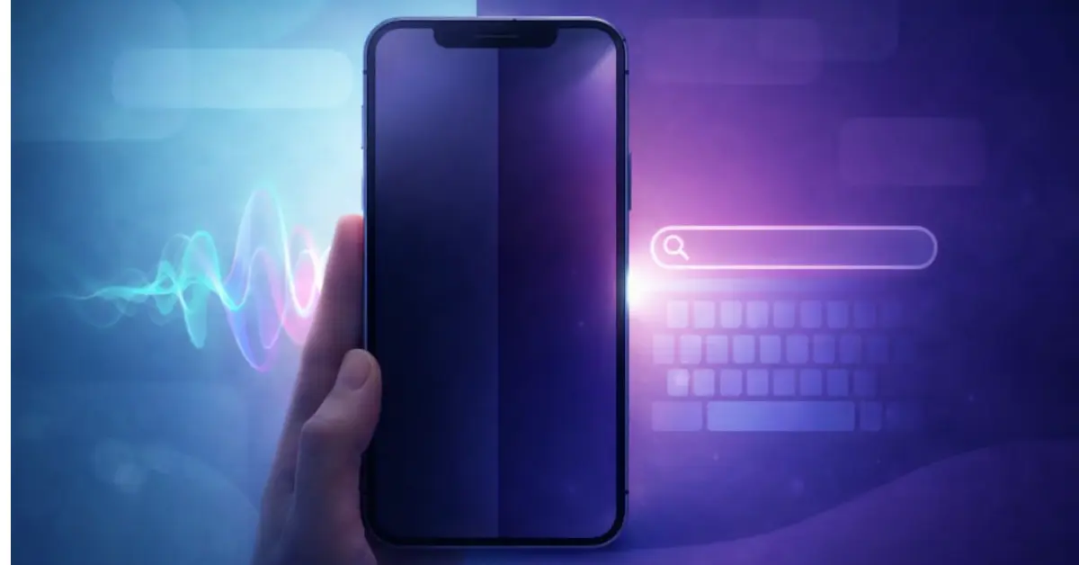 Modern smartphone interface comparing voice search and text search with sound waves and search input, highlighting differences in user search behavior.