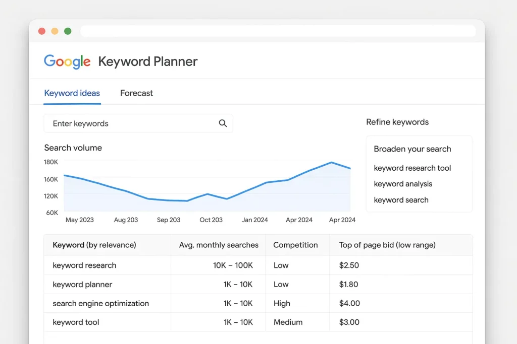 Screenshot-style image of Google Keyword Planner dashboard showing keyword research for beginners metrics.