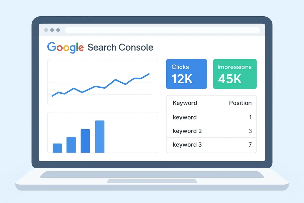 Screenshot-style illustration of the Google Search Console dashboard showing keyword performance and SEO insights — ideal for beginners learning blog SEO tools.