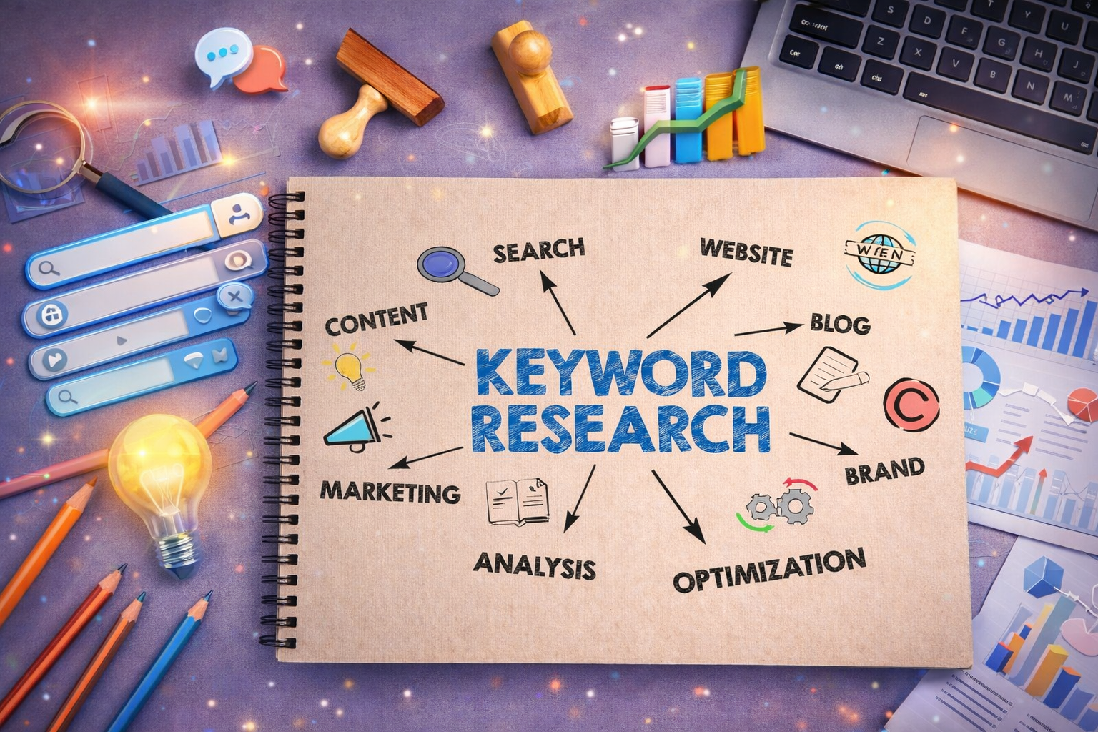 Keyword research concept on a notebook with related terms like content, marketing, analysis, optimization, and brand, surrounded by pencils, stamps, a laptop, and charts, illustrating digital marketing strategy.