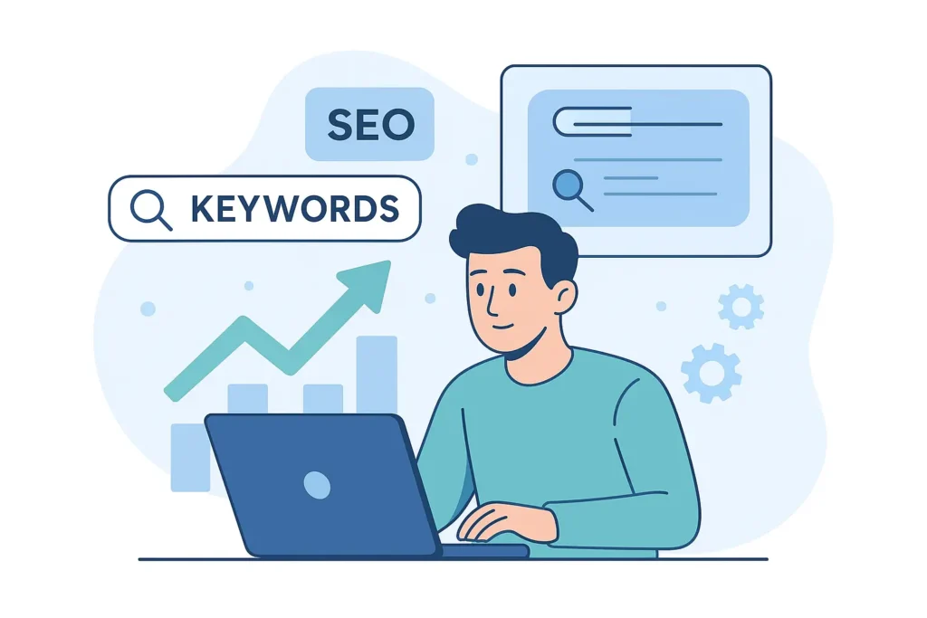 Illustration showing keyword research for beginners using blog SEO tools on a laptop.