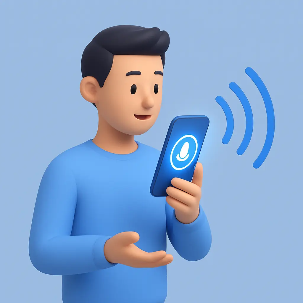 Person using voice search on phone with microphone icon — Local SEO and voice search near me concept.
