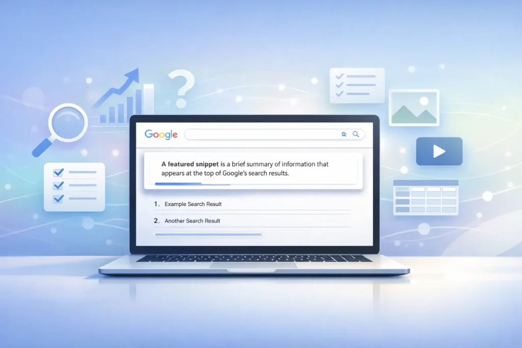 Blog banner showing a Google featured snippet at position zero on a laptop screen, representing SEO optimization and search visibility strategies.