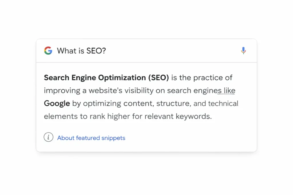 Featured snippet SEO definition box answering a “what is” question in Position Zero
