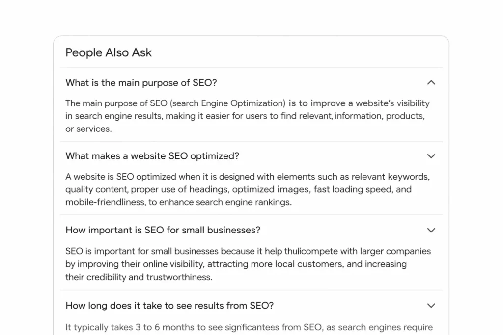 People Also Ask section example supporting featured snippet SEO visibility.