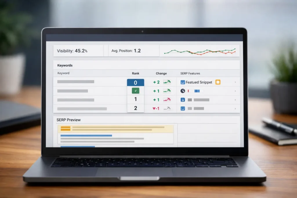 Featured snippet SEO dashboard showing Position Zero keyword rankings and visibility trends in search results.
