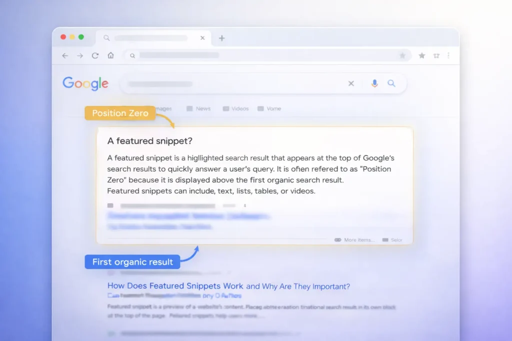 Featured snippet SEO comparison showing Position Zero above the first organic search result.