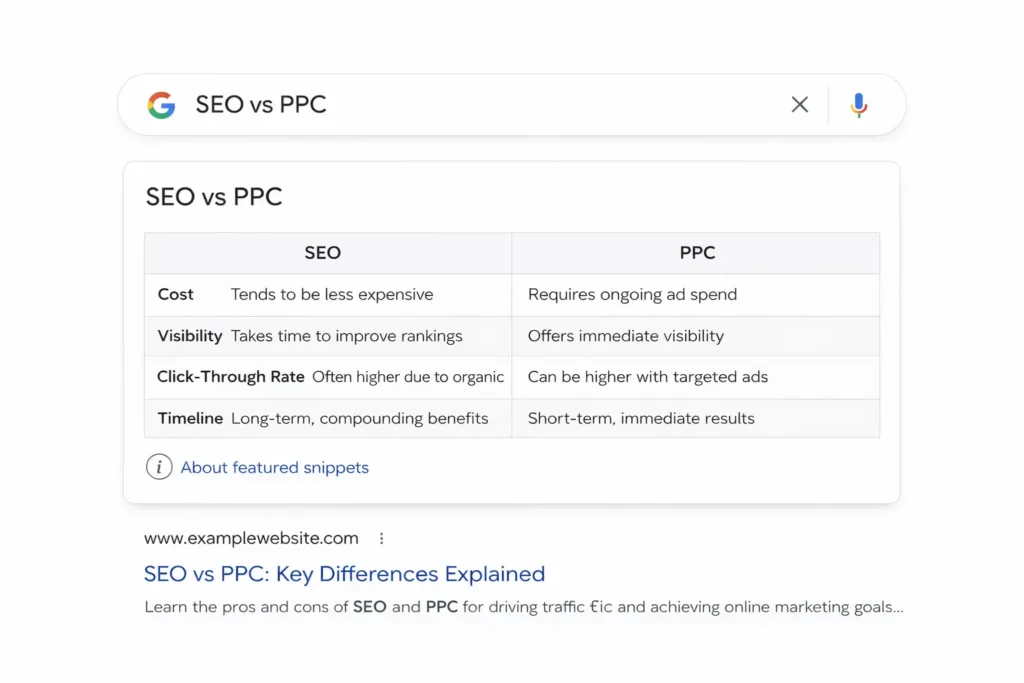 Table-format featured snippet SEO example appearing in Position Zero on Google.
