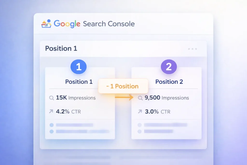  Google Search Console report showing Position Zero impact and position 1 vs position 2 rankings.
