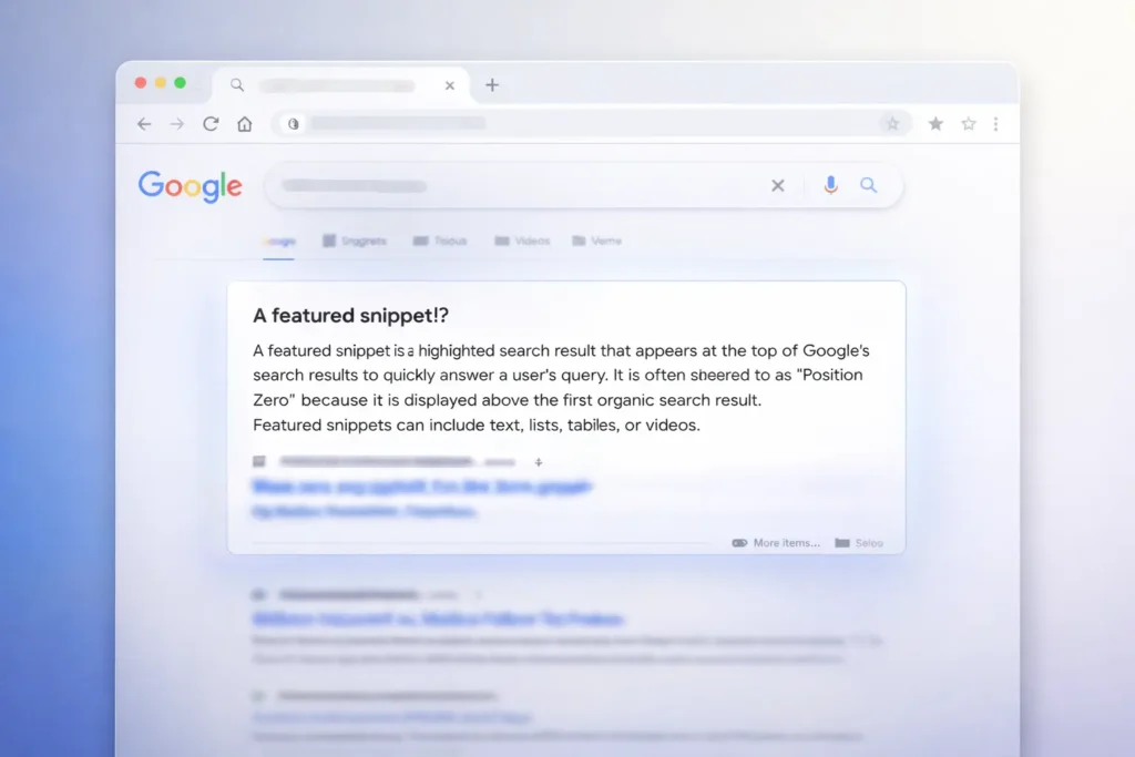 Featured snippet SEO example showing Position Zero result displayed above organic search results.