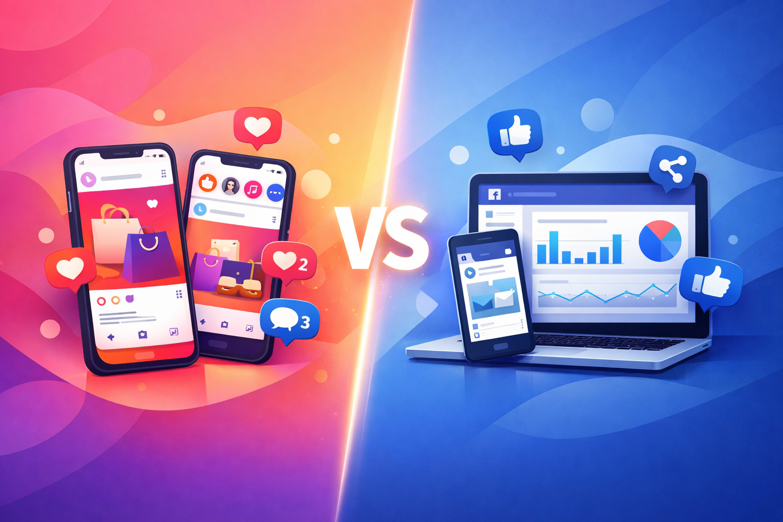 Instagram vs Facebook marketing comparison for small businesses, showing Instagram on mobile screens and Facebook on laptop with engagement and analytics icons