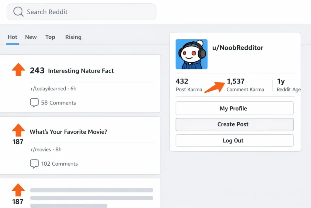 Reddit marketing example showing karma score highlighted as a trust signal on a Reddit user profile