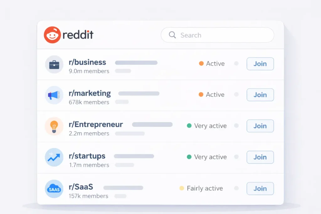 Reddit marketing visual showing a list of niche subreddits used for targeted community engagement