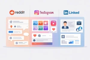 Comparison of Reddit marketing with Instagram and LinkedIn showing community-driven discussions, visual content, and professional networking