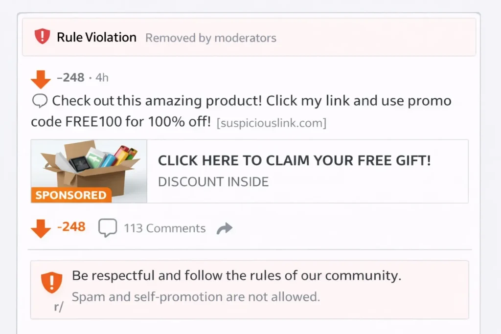 Reddit marketing example showing a rejected post flagged for violating subreddit rules