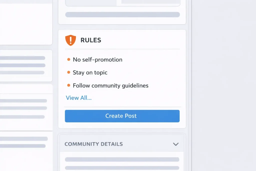 Reddit marketing example showing subreddit rules in the sidebar to prevent spam and self-promotion