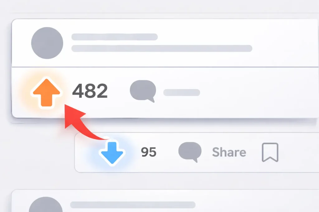 Reddit marketing illustration showing upvote and downvote buttons used to evaluate content value
