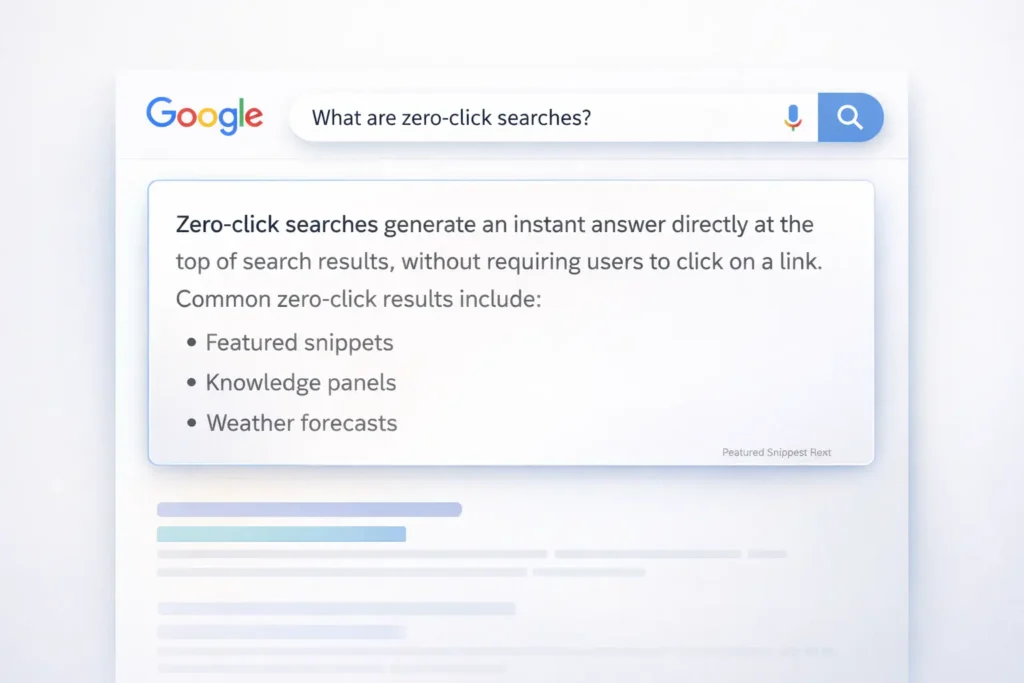 Illustration showing zero-click searches through a featured snippet that answers a query directly on the search results page