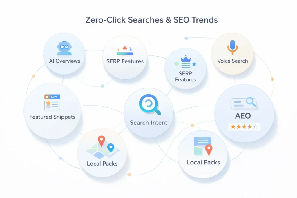 Visual representation of semantic keywords and SEO trends related to zero-click searches and answer engine optimization