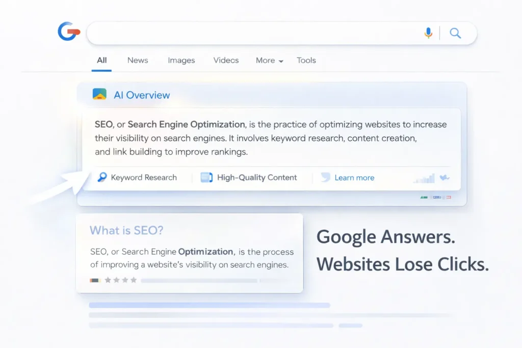 Zero-click searches illustrated with a Google AI Overview answering a query while traditional website links appear faded below, showing how Google answers reduce clicks.