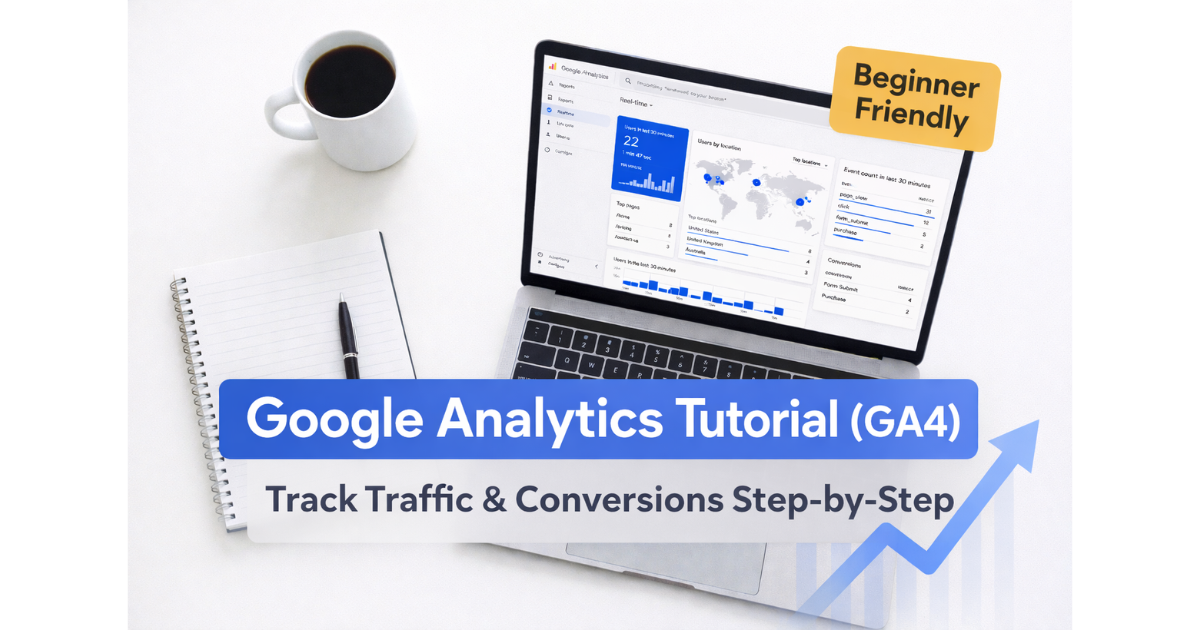 Google Analytics 4 tutorial dashboard on laptop with conversion tracking charts and step-by-step traffic analysis guide for beginners.