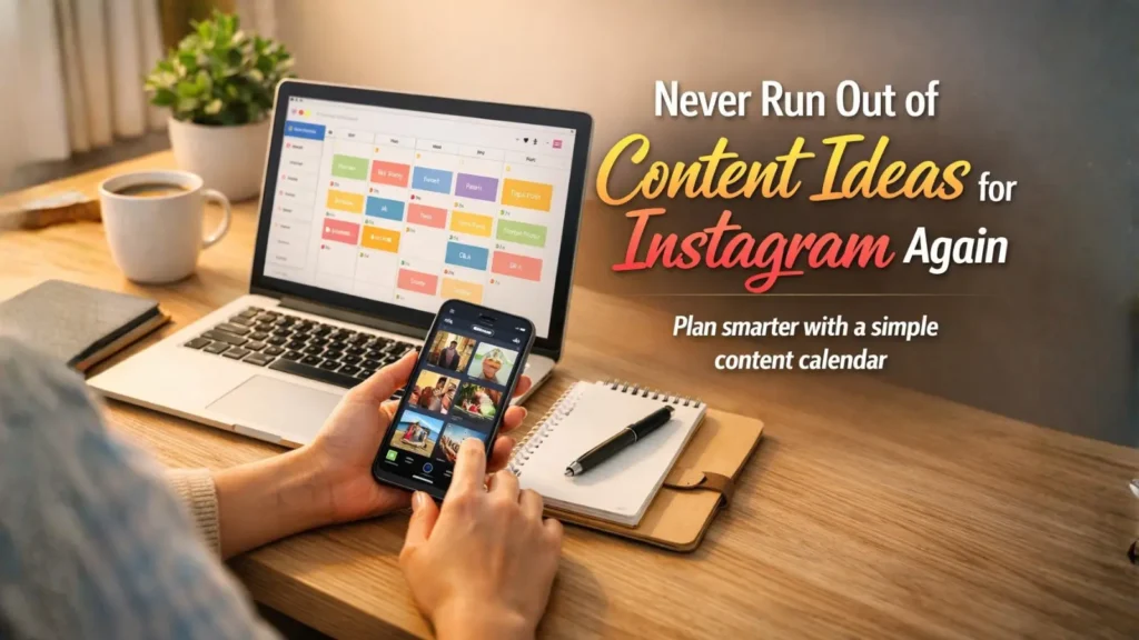 Small business owner planning  content ideas for instagram using a content calendar on laptop and phone