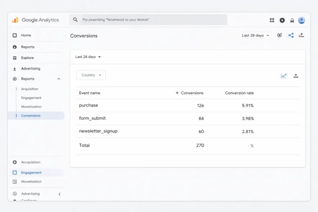 Google Analytics Tutorial showing GA4 conversions report with tracked events and conversion rates
