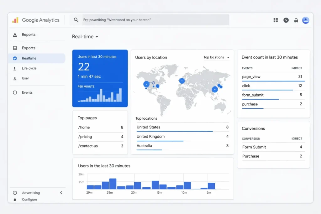 Google Analytics Tutorial showing GA4 real-time dashboard with active users and live traffic data