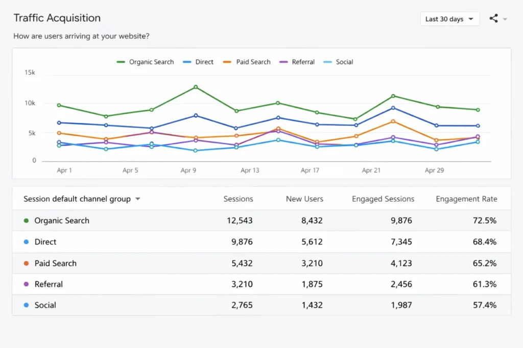 Google Analytics Tutorial displaying GA4 traffic acquisition report with organic and paid channels
