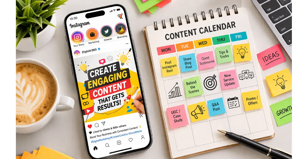 Content ideas for Instagram and content calendar planning displayed on smartphone and notes for small business marketing